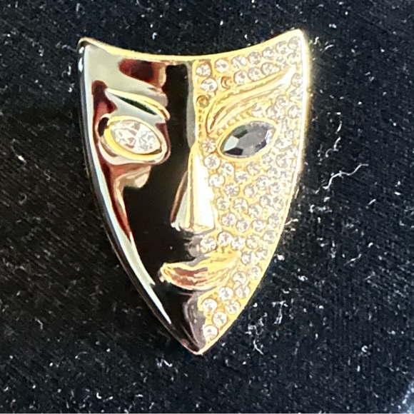 Face Mask Gold Black Mid Century Modernist Rhinestones Pin - Picture 2 of 5